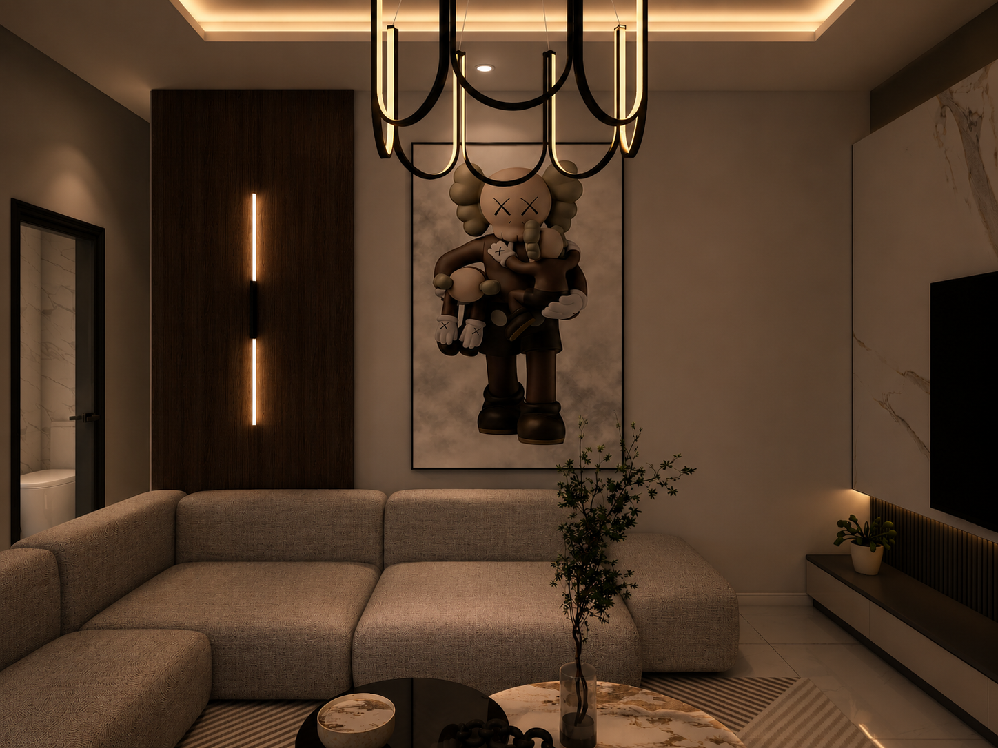 The Meridian condo living room, night